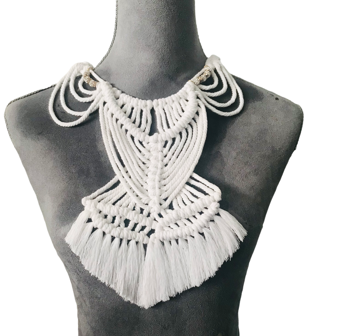 White macrame statement necklace