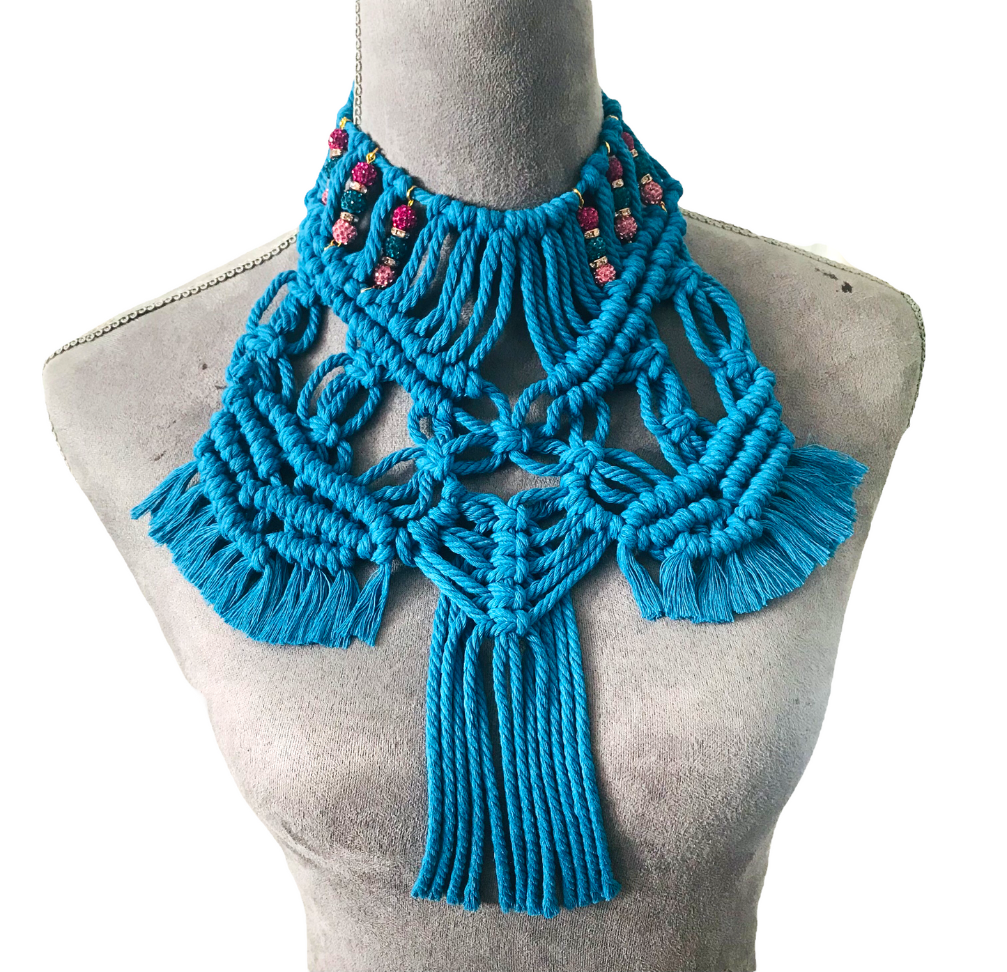 Blue Jeweled macrame necklace