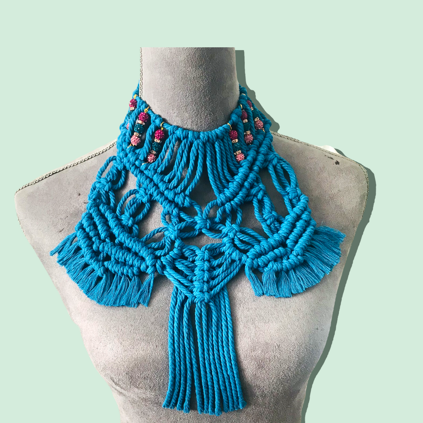 Blue Jeweled macrame necklace