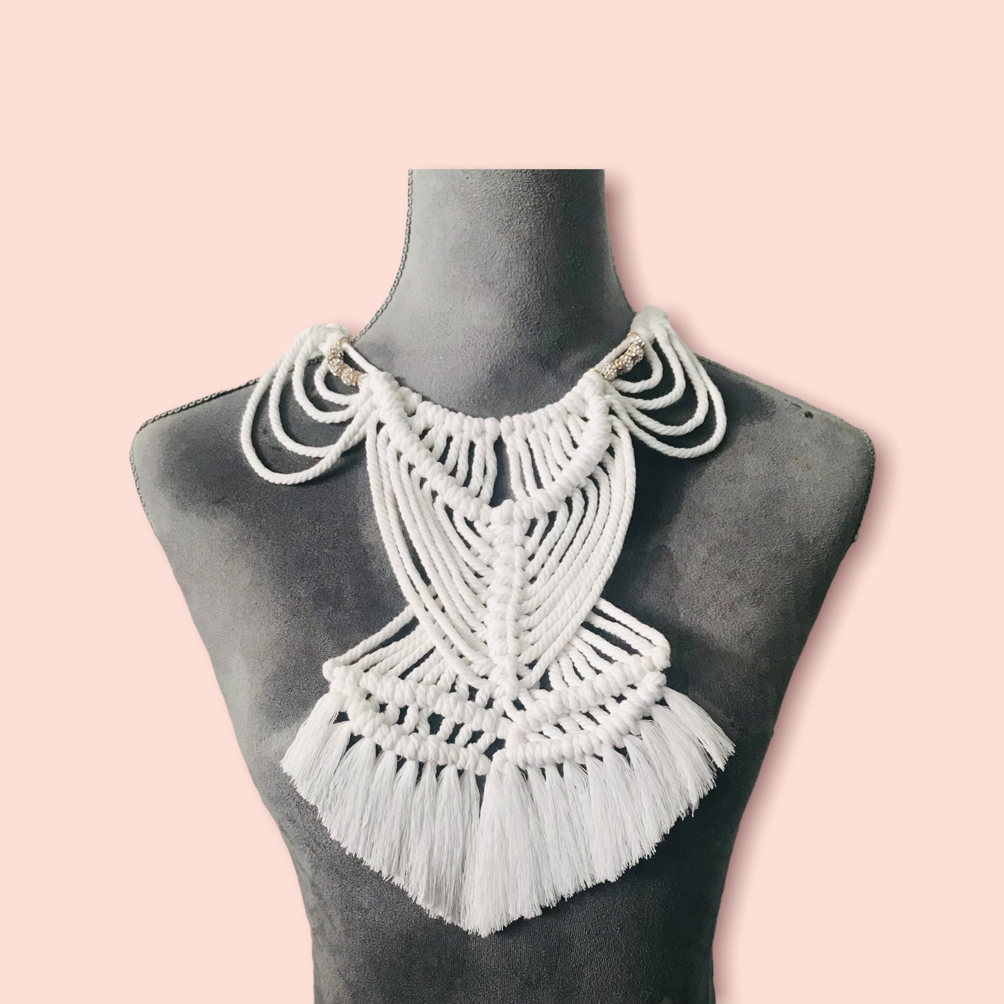 White macrame statement necklace